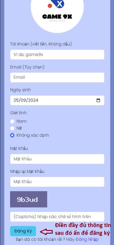 Hướng dẫn đăng ký Tài Khoản trên Game9x